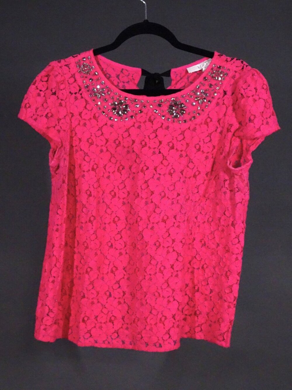 LOFT Hot Pink Lace Jeweled Top